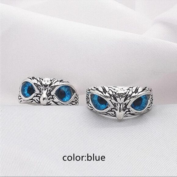 Retro Blue Eye Owl Open Ring, Exaggerated Animal Adjustable Finger Ring - Picture 3 of 12